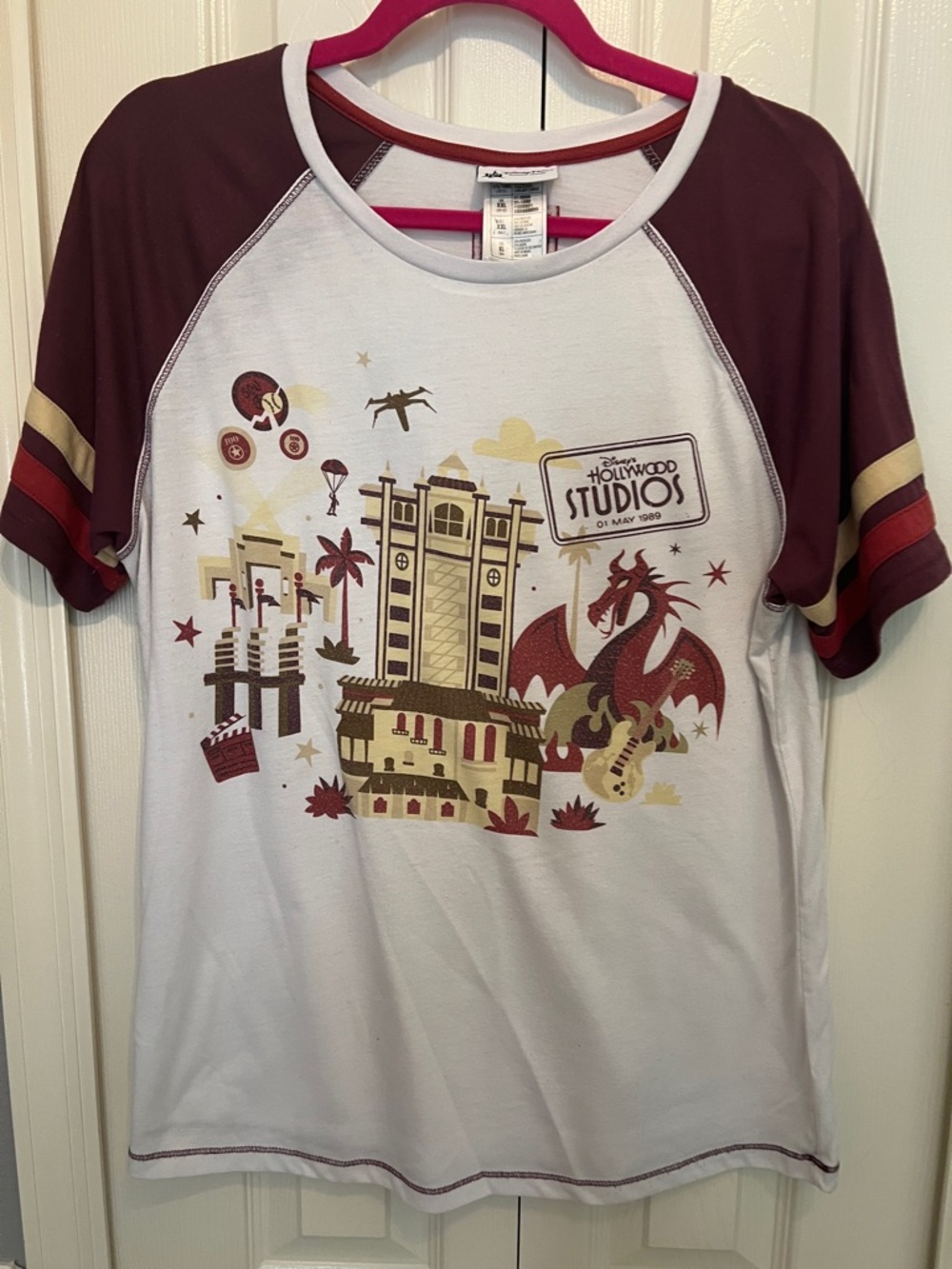 Disney Short Sleeve Raglan Tee in White, Maroon and Gold